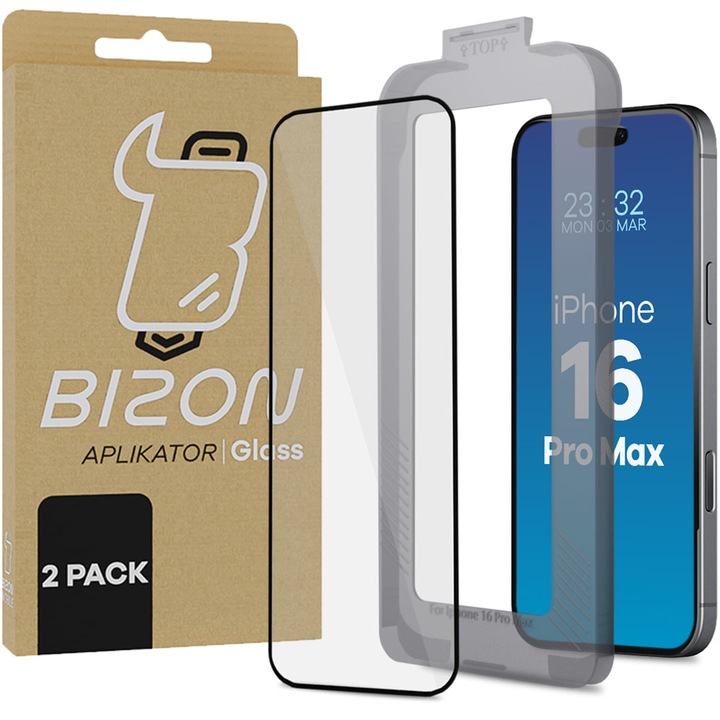 Комплект 2x Стъклен протектор, Bizon Glass Aplikator за iPhone 16 Pro Max, Прозрачен
