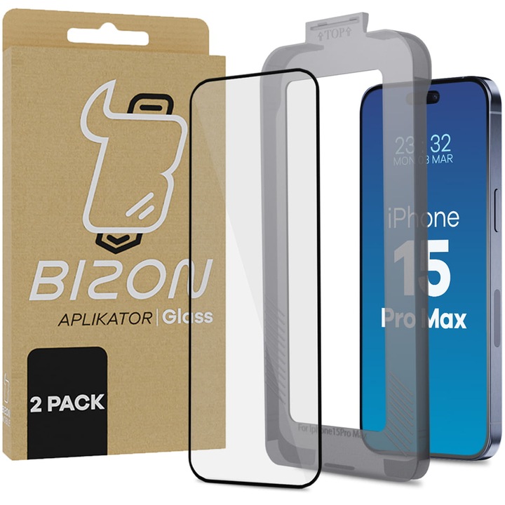 Készlet 2 üvegfólia Bizon Glass Aplikator kompatibilis iPhone 15 Pro Max, átlátszó