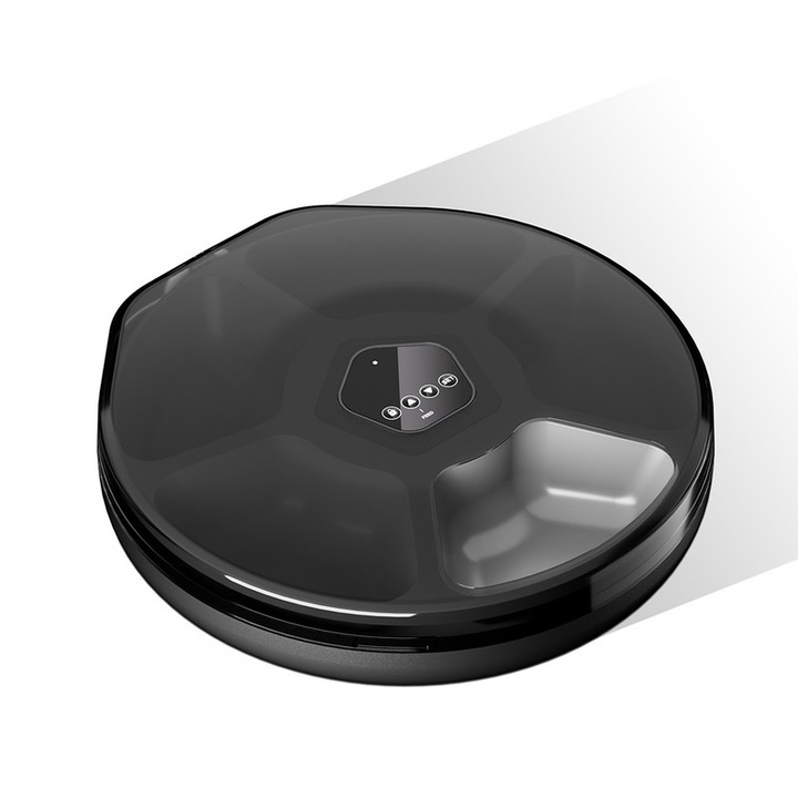Dispenser automat de hrana pentru animale, 5 mese, programabil, cu reminder vocal, pentru pisici si caini mici, alimentare cu baterii, design sigilat