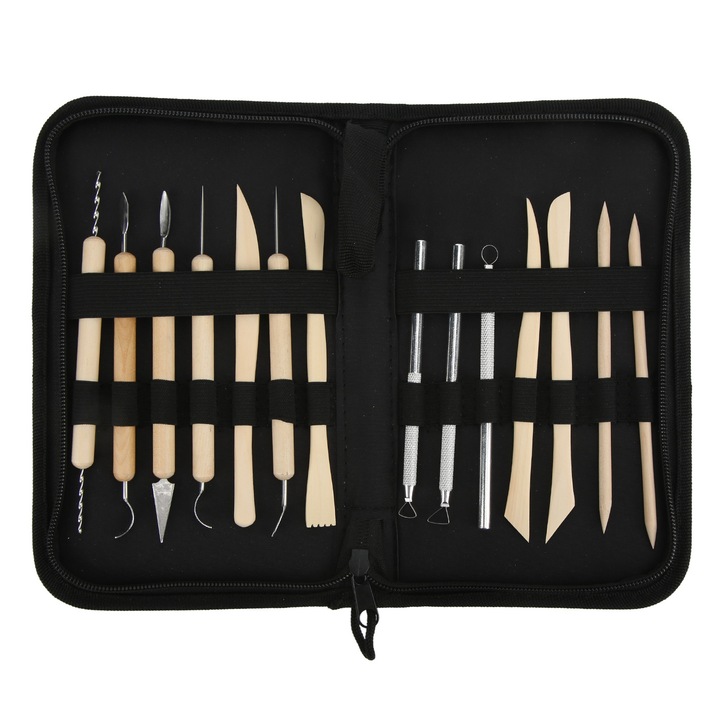 Set 14 unelte pentru modelaj, Enforose, lemn/inox, cu doua capete, geanta de depozitare inclusa