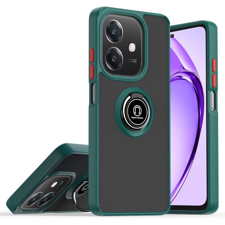Husa Matte Ring Grip, Compatibil cu Oppo Reno A40, Antisoc Armor, Inel rotativ 360 grade, Magnet suport auto incorporat, Verde