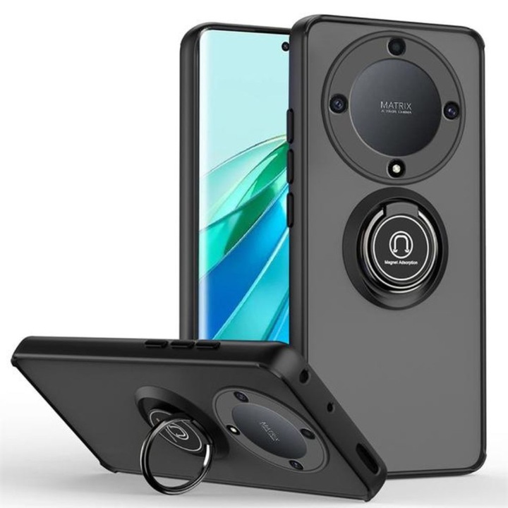 Matte Ring Grip Case, Съвместим с Honor Magic 7 Lite, Anti-shock Armor, 360 градуса въртящ се пръстен, Вграден магнит за монтиране на кола, Черен