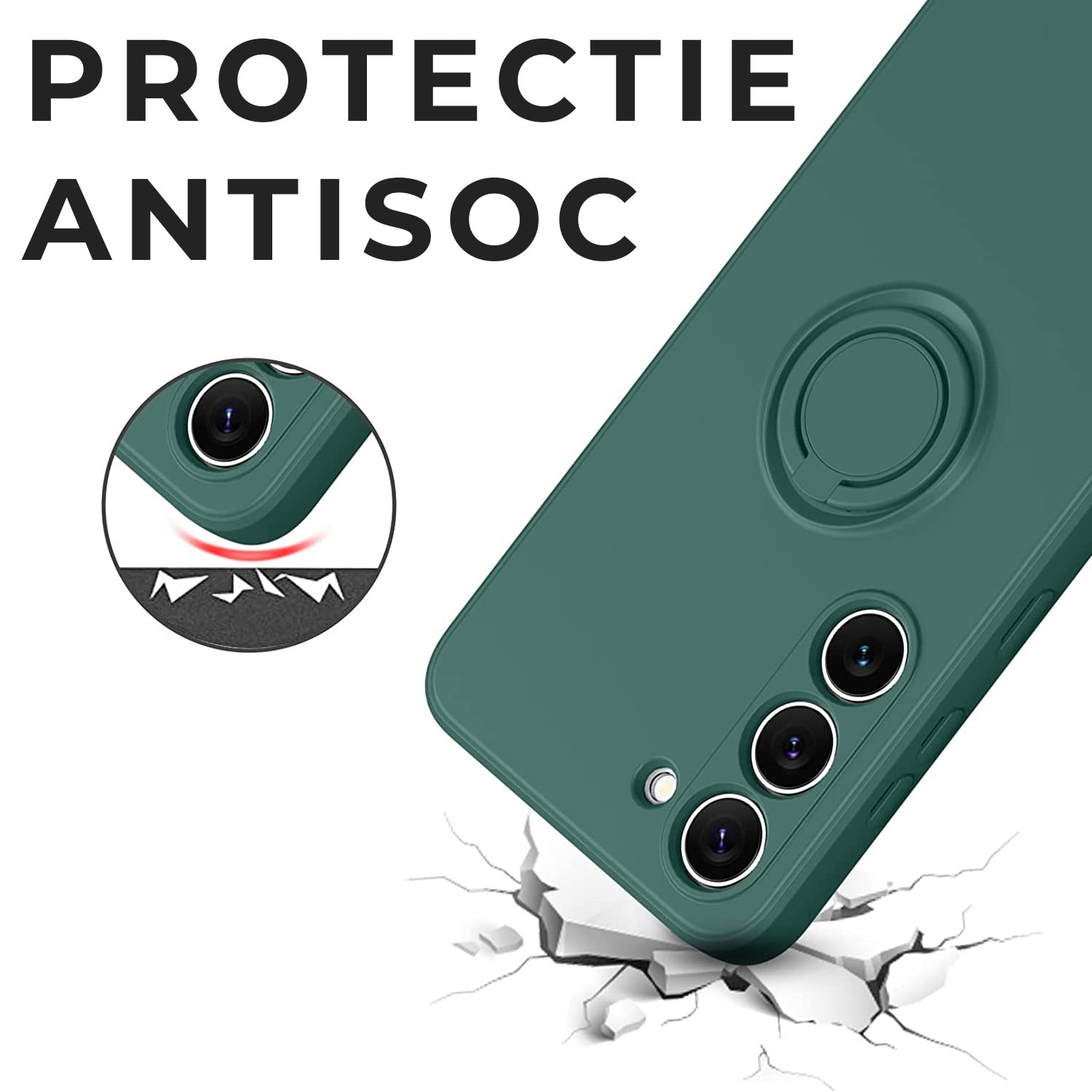 Husa pentru Samsung A56 DaDen cu inel rotativ 360, Silicon Premium, Camera Protection, Antisoc, Verde