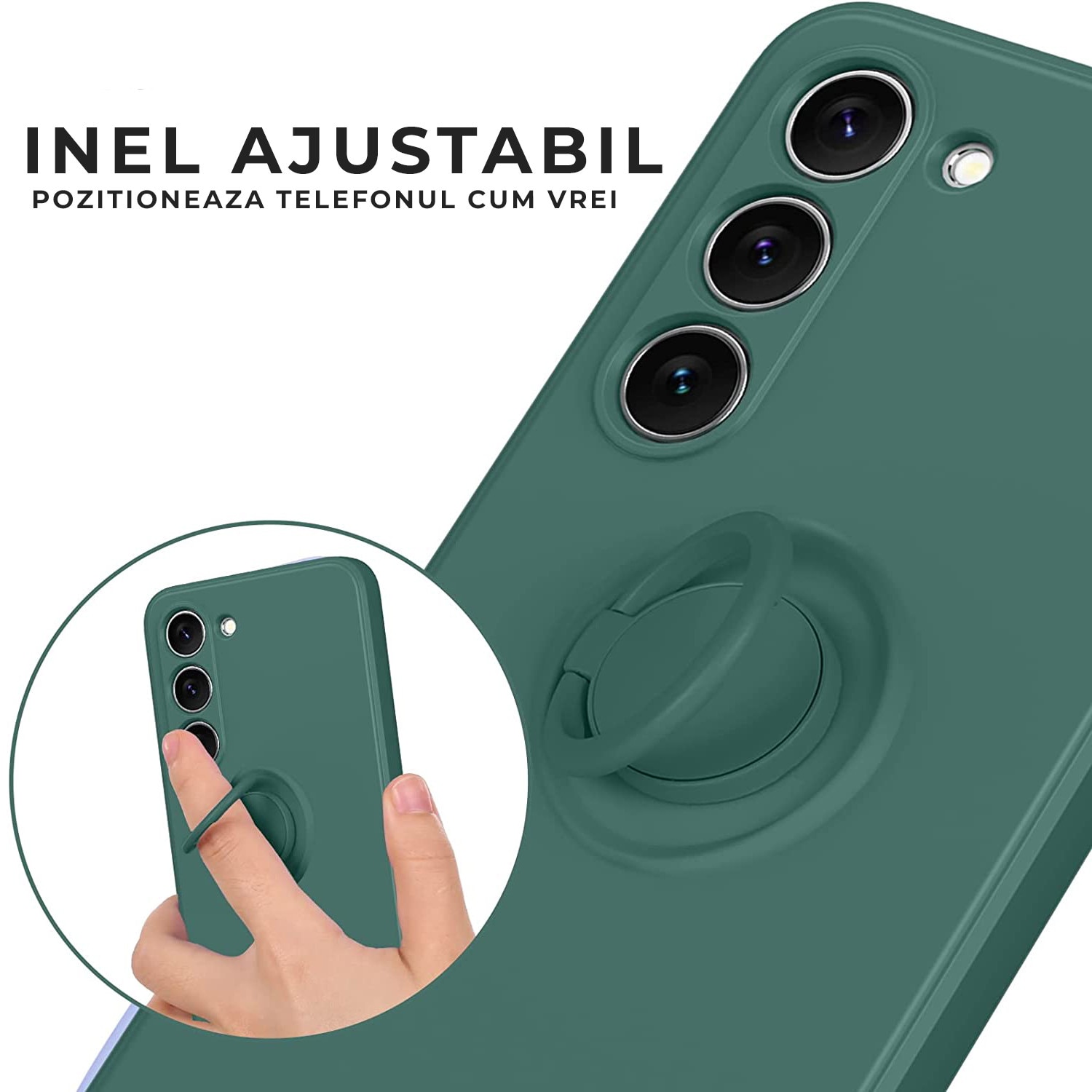 Husa pentru Samsung A56 DaDen cu inel rotativ 360, Silicon Premium, Camera Protection, Antisoc, Verde