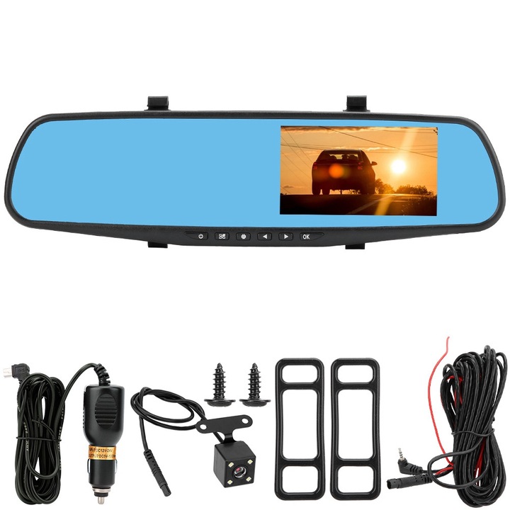 Камера за автомобил DVR Enforose JIM069, двойна, 4.3 инча, резолюция 1080P, широк ъгъл 90-110, черна със златисто