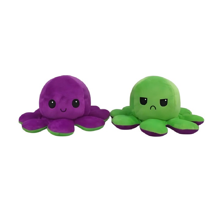 Jucarie de plus Reversibila Octopus 15cm, Violet+Verde, Set de animale de plus senzoriale care arata starea de spirit