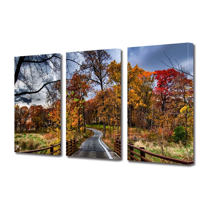 Set Tablouri Multicanvas 3 Piese Peisaj de Toamna cu Pod peste rau, 30 x 60 cm