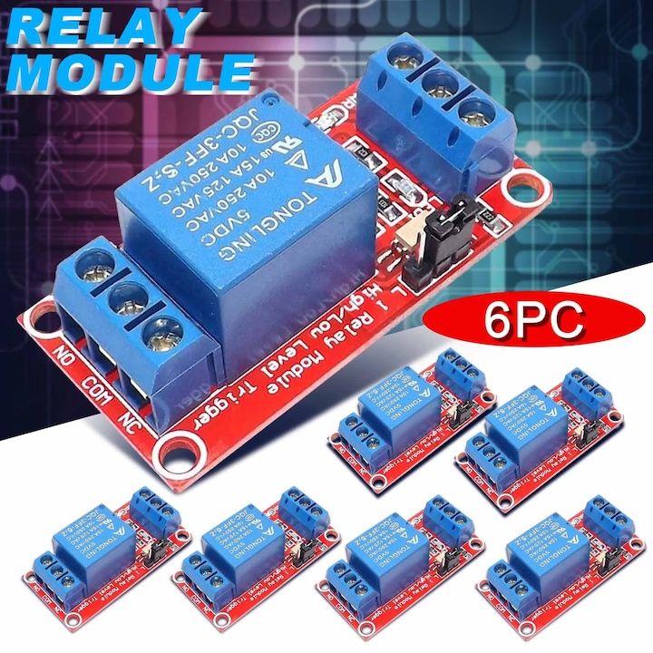 Arduely relé modul 6 csatornával 5V, 250V/10A, méretek 50x26x18,5mm, 6 darabos készlet