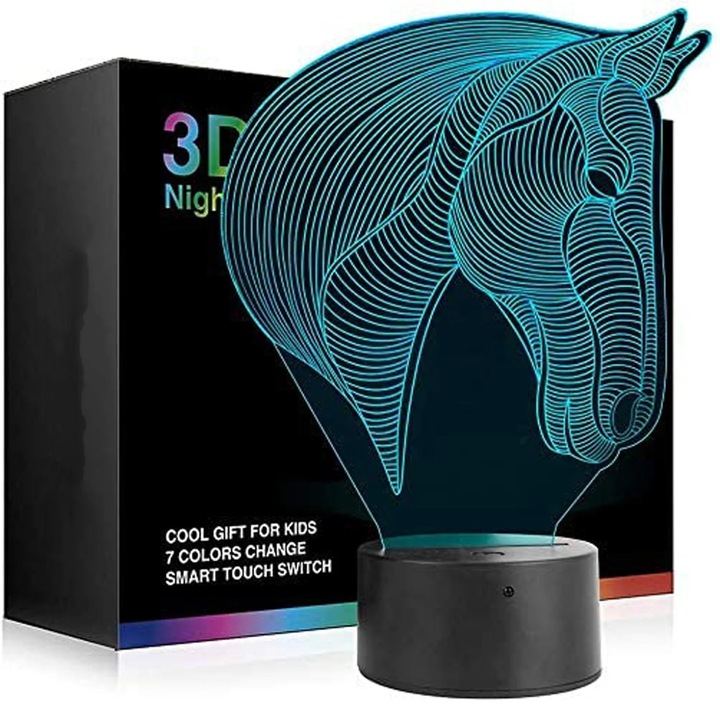 Lampa de masa LED 3D ZYBLSSBB LSM2xh10555-BCS0244200, iluzie optica cap de cal, 7 culori schimbatoare, alimentare USB, negru