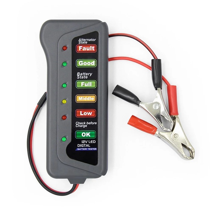 Tester digital pentru alternator auto 12V, 6 LED-uri, negru, 14x6x4cm