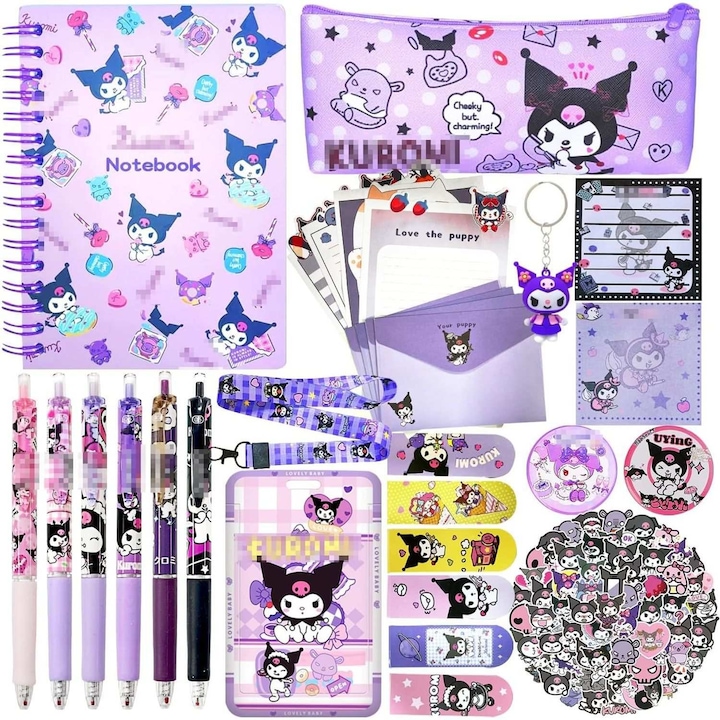 Set de Rechizite Scolare, Penar, Kuruomi, Sanrio, Papetarie de Birou Draguta, Rechizite Scolare Kawaii, Pixuri, Breloc, Semn de Carte, Snur, Autocolante, Bloc Notes, Cadouri pentru Copii
