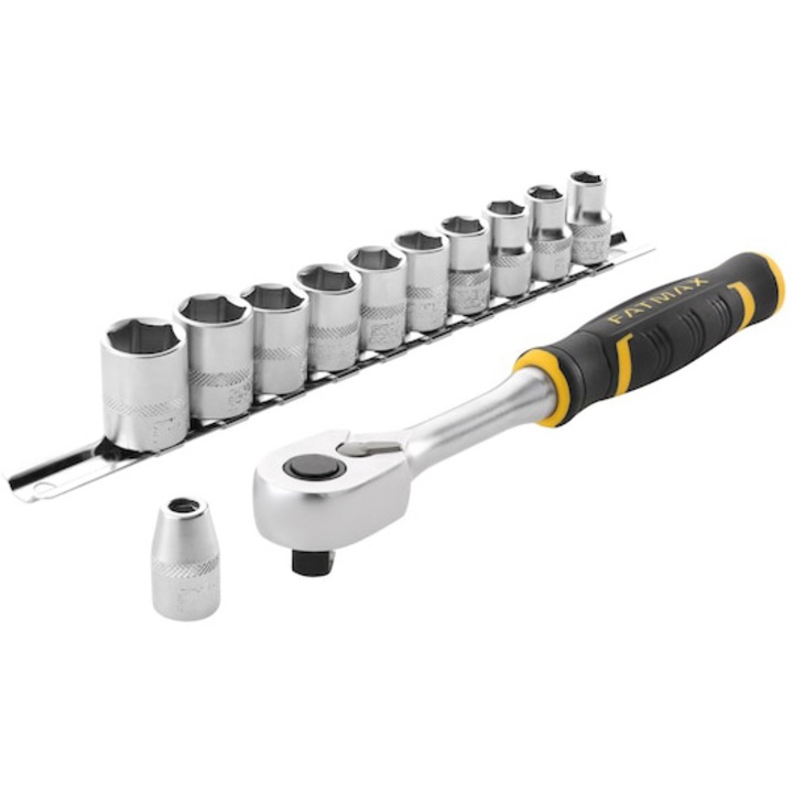 Комплект тресчотка 22 части STANLEY FATMAX FMMT82680-0, 3/8 инча, 120 зъба, Двоен механизъм със стъпка от 3 градуса, Бързо освобождаване, Включва вложки, битове и адаптер за битове 1/4 инча