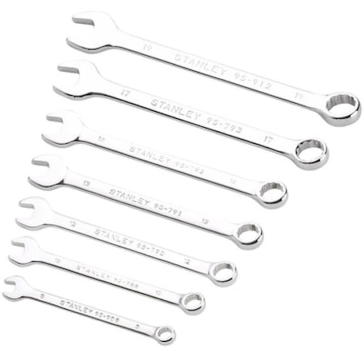 Set chei combinate 7 piese STANLEY STMT82842-0, otel crom vanadiu rezistent la coroziune, finisaj cromat, suport durabil cu maner pliabil pentru organizare si portabilitate usoara