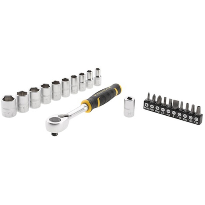 Комплект тресчотка и битове 22 части STANLEY FATMAX FMMT82679-0, 1/4 инча, 120 зъба, Двоен механизъм за прецизност и скорост, Подобрен достъп, Бутон за бързо освобождаване за лесна смяна на вложки и битове