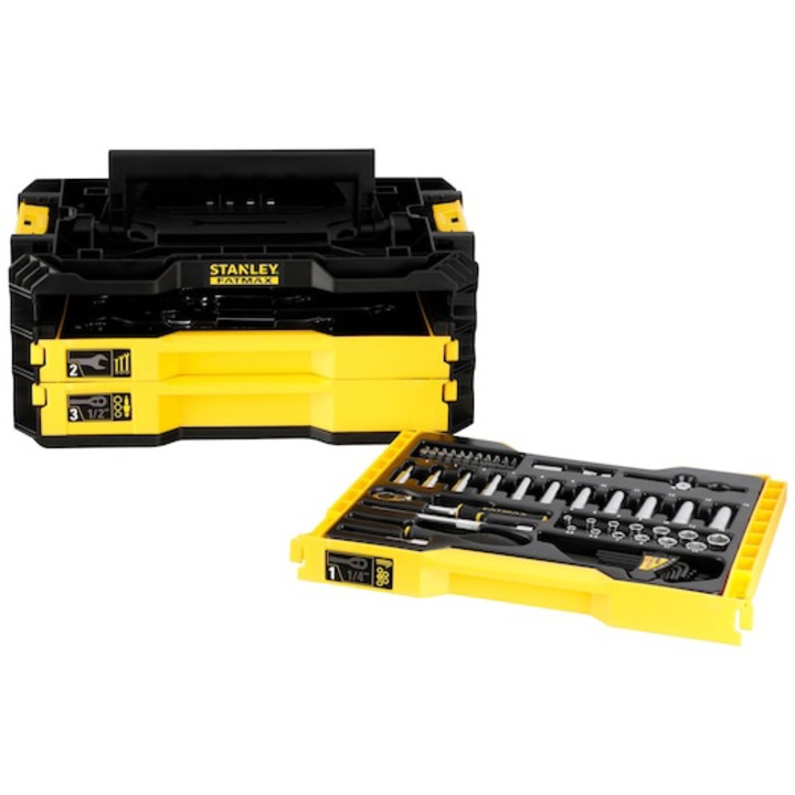 Комплект инструменти за автомобил STANLEY FATMAX FMMT98107-1, 3 чекмеджета, 126 части, 1/4 и 1/2 инча, PRO-STACK свързаност за мобилни решения, Двуматериален тресчотка 120 зъба, X-Knurl MaxiDrive вложки, Сгъваема дръжка, Място за съхранение PRO-STACK