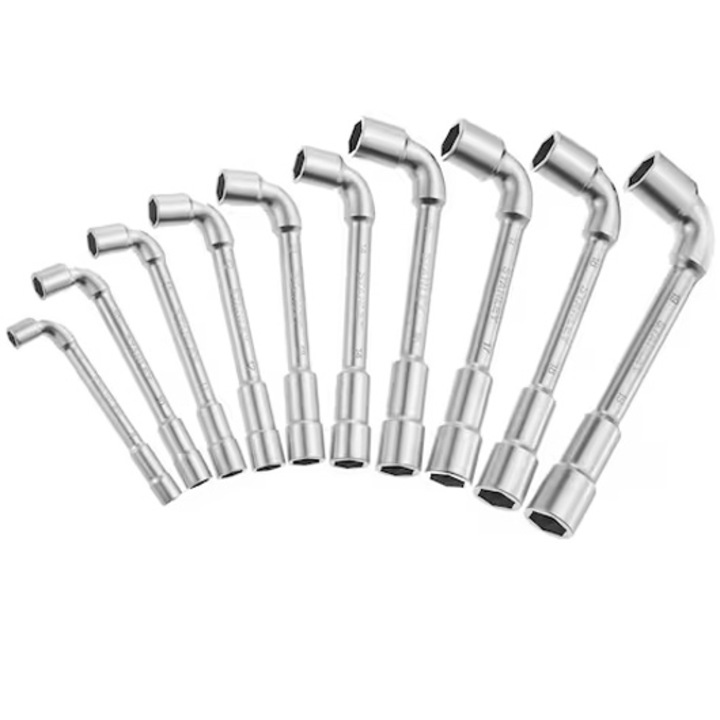 Set chei tubulare hexagonale 10 piese STANLEY 1-17-383, otel crom vanadiu de inalta performanta, finisaj crom mat, decupaj pentru tija filetata si ax pentru cuplu marit