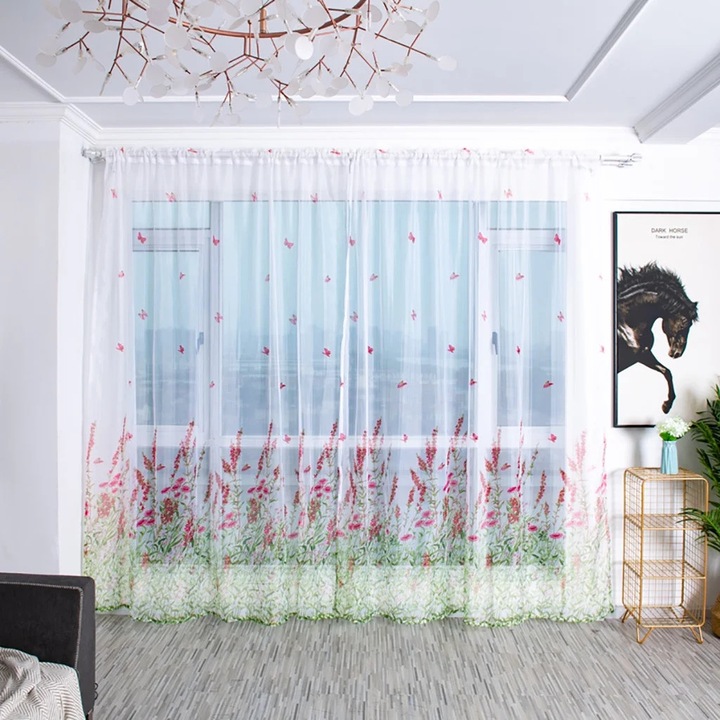 Áttetsző voile függöny, fa mintás, poliészter, piros, 140x250cm