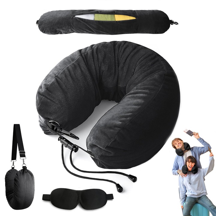 Perna de Calatorie cu Spatiu de Depozitare, Perna de Gat Umpluta cu Haine, Curea Atasabila, 18x80cm, Neagra, cu masca de ochi inclusa, design ajustabil, husa detasabila