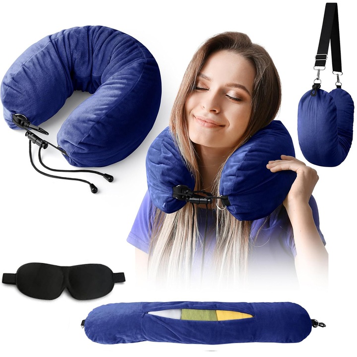 Perna de Calatorie cu Spatiu de Depozitare, Perna de Gat Umpluta cu Haine, Curea Atasabila, 18x80cm, Albastru, cu masca de ochi, design ajustabil, material catifea