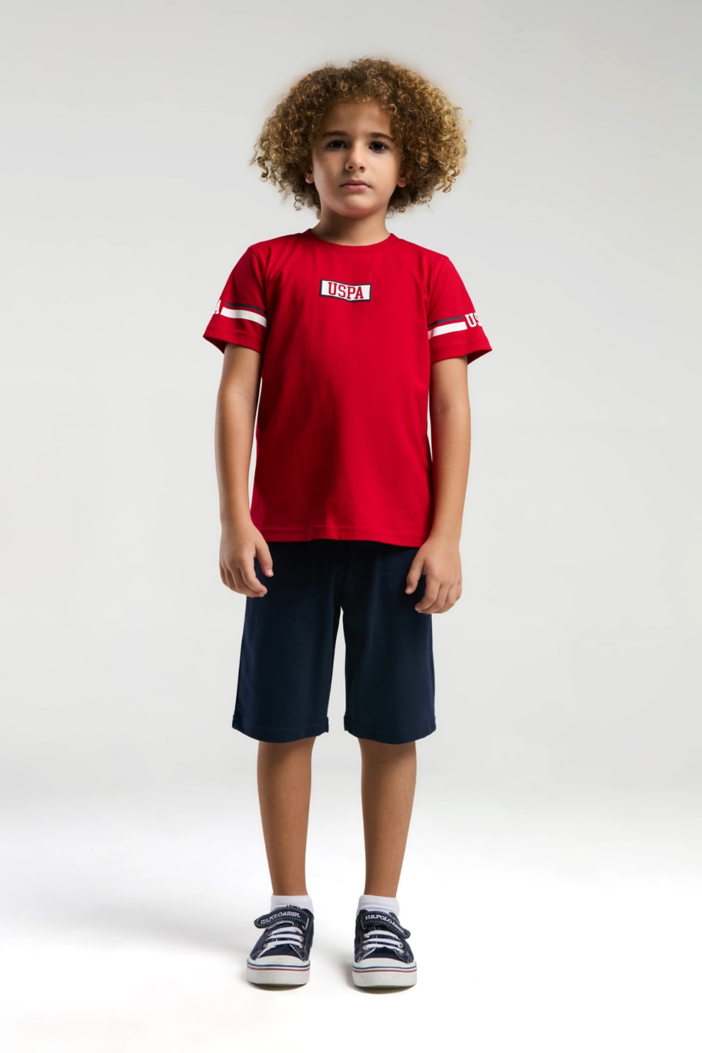 U.S. Polo Assn., Set de tricou din bumbac si pantaloni scurti cu logo - 2 Piese, Rosu vermillion, Bleumarin, 116-122 CM