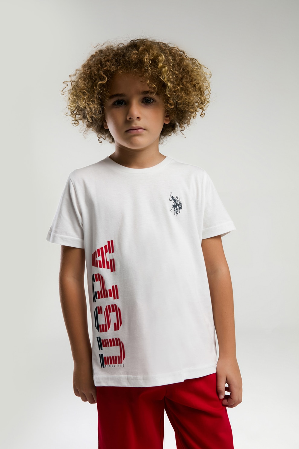 U.S. Polo Assn., Set de tricou cu decolteu la baza gatului si pantaloni, Rosu vermillion, Alb murdar, 104-110 CM
