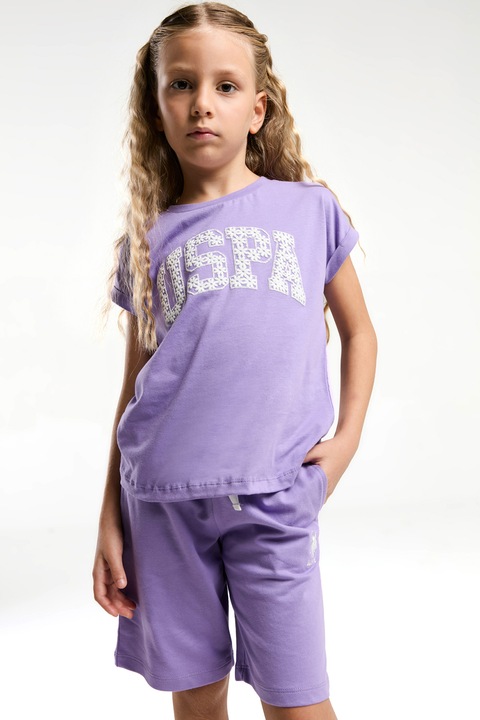 U.S. Polo Assn., Set de tricou din bumbac si pantaloni scurti cu imprimeu text - 2 Piese, Lila