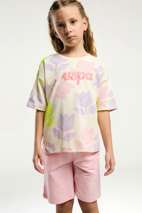 U.S. Polo Assn., Set de tricou lejer si pantaloni scurti - 2 Piese, Roz deschis/Crem