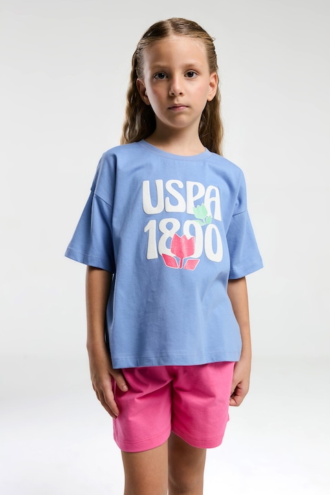 U.S. Polo Assn., Set de tricou si pantaloni scurti, Fucsia/Albastru deschis