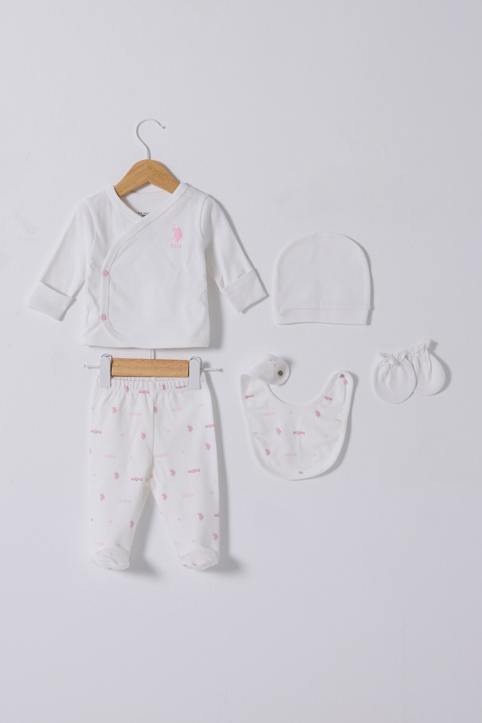 U.S. Polo Assn., Set de imbracaminte din bumbac - 5 Piese, Roz deschis, Alb optic, 50-56 CM
