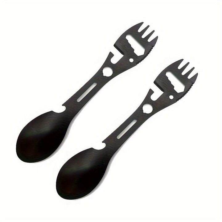 Set 2 tacamuri, Tacam 5 in 1 tip Spork, Utilizabil ca Lingura, Furculita, Deschizator de Conserve si de Sticle, Cu Gaura de Prindere, pentru Camping si Calatorii, Negru