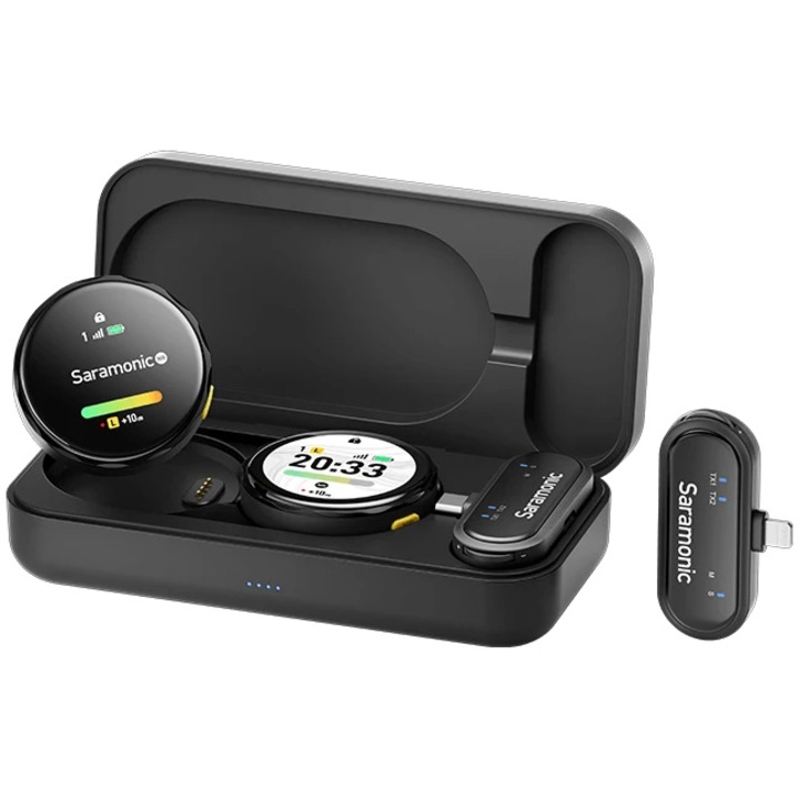 Microfon wireless Saramonic BlinkMe U2, 1x Receiver, 2x Microfon, Autonomie microfon 8 ore, Raza de actiune 100m, Noise canceling, Touchscreen, Negru