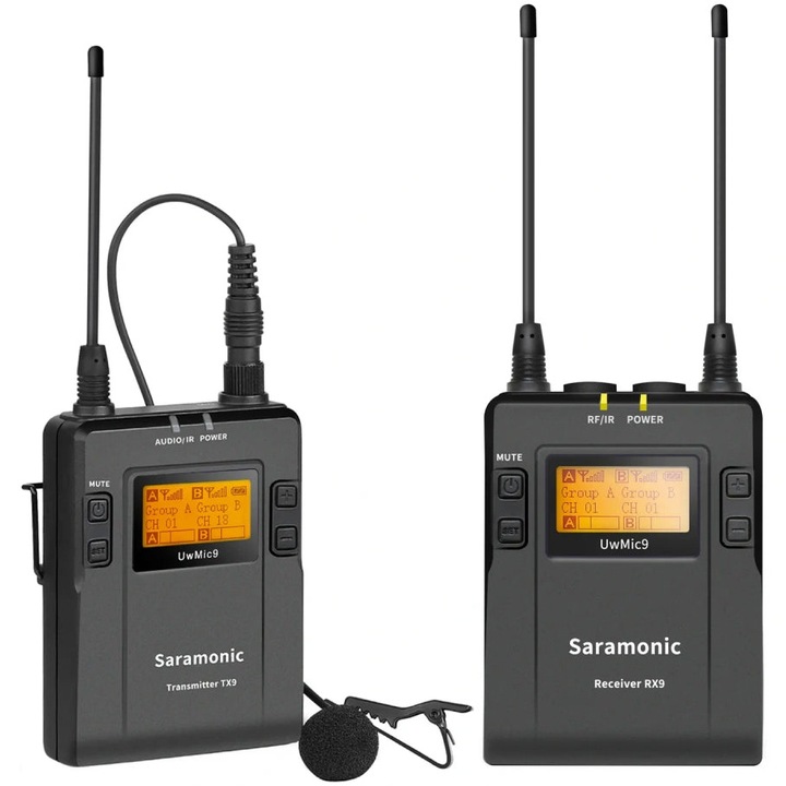 Microfon wireless Saramonic UwMic9 Kit1, 1x transmitator pentru TX9, 1X microfon lavalier, 1x receptor cu 2 canale RX9, Raza de actiune 100m, Negru