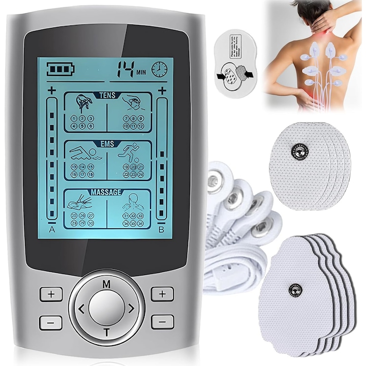 Dispozitiv de stimulare electrica reincarcabil impotriva durerii cu 36 de programe de antrenament, 20 de niveluri de intensitate, 2 canale, 4 electrozi premium Dispozitiv EMS pentru ameliorarea durerii, relaxarea musculara