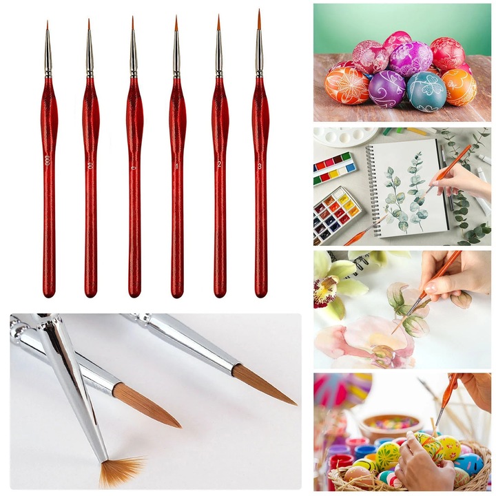 Set 6 pensule detaliu YANYXR, fine, rosu, 3xtriunghiular, lemn