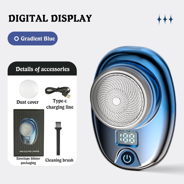 YANYXR hordozható elektromos borotva, Type-C gyors töltés, LCD kijelző, 74x51x22mm, fekete