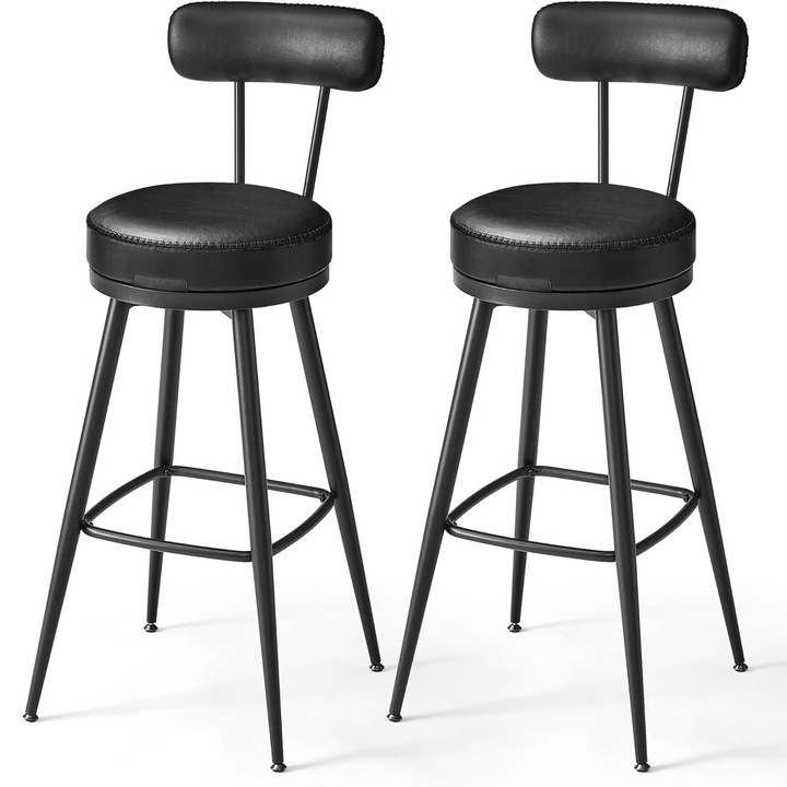 Set 2 scaune de bar rotative 360A°, cu spatar, inaltime 101 cm, piele sintetica, cadru otel, stil modern, negru