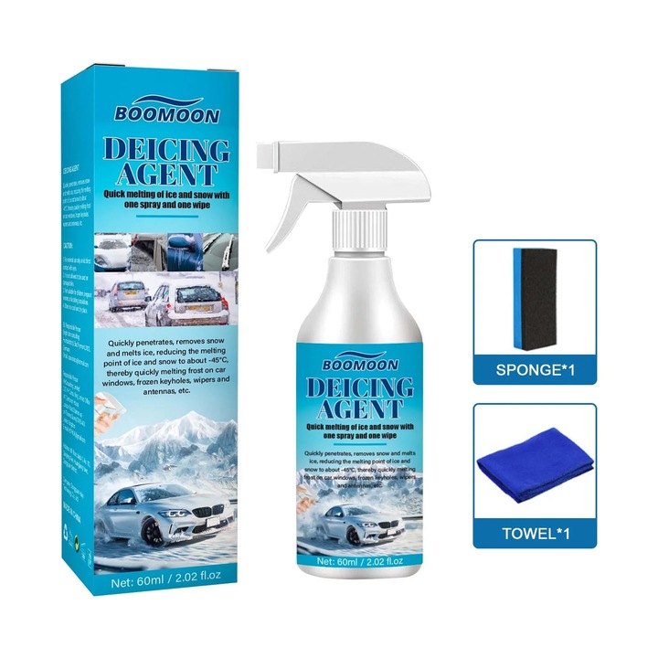 Set de deszapezire pentru masini, 1x spray de topire gheata, prosop, radiera, multicolor
