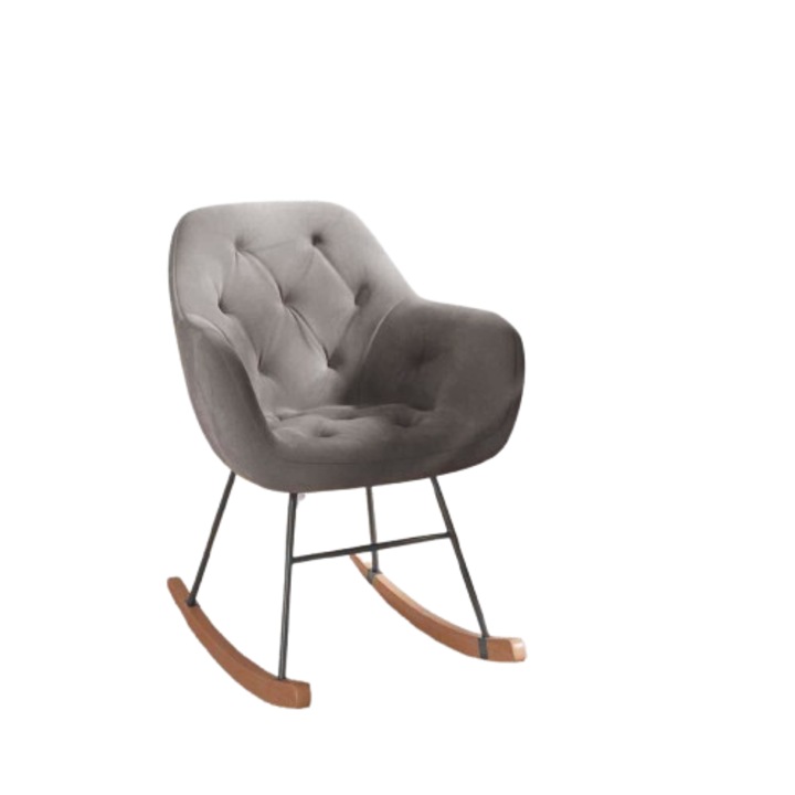 Fotoliu balansoar din catifea gri si lemn, design modern cu picioare metalice, 60 x 71 x 79 cm