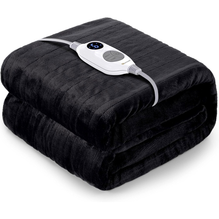 Топло електрическо одеяло, 150x200 см, фланела, 6 температурни нива, защита от прегряване, може да се пере, за легло, тъмно сиво