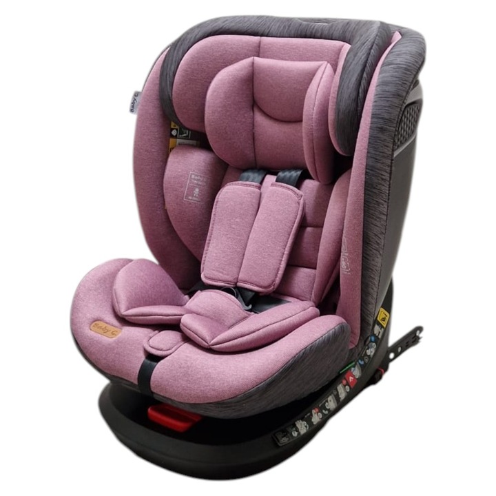 Baby Care™ BS10P Isofix autósülés, 360 fokban elforgatható, R-129 i-Size jóváhagyás, 0-36 kg, Állítható fejtámla, Autósüléssé alakítható, Biztonsági övrögzítő rendszer, Levehető huzat, Lila