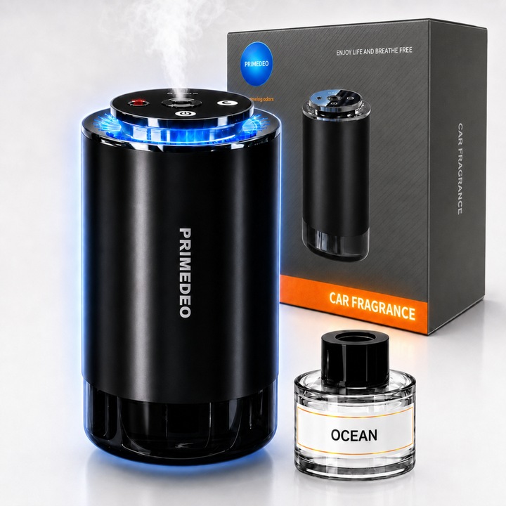 Odorizant Auto Profesional PRIMEDEO®️, Premium, Difuzor Aromaterapie Auto Inteligent, Proiectie de Stele, Lumini Ambientale, Compatibil cu Uleiuri Esentiale, Odorizant Masina Compact si Elegant