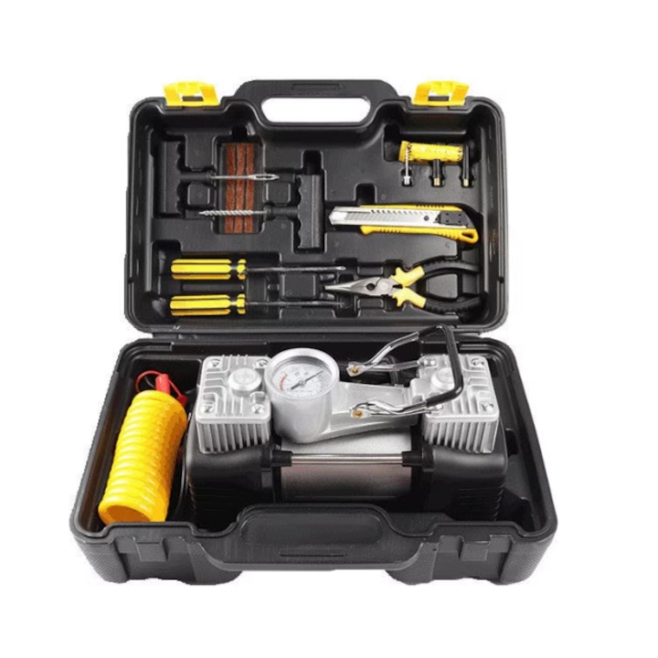 Defektkészlet, 12 V-os kompresszor 2 hengerrel és 7 tartozékkal – Vészhelyzeti megoldás a gyors gumijavításhoz