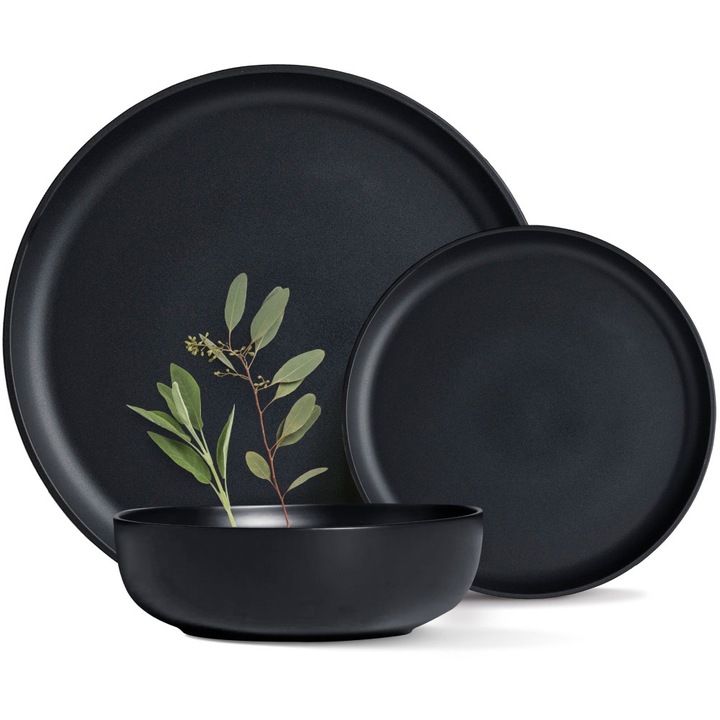 MG Home Artena porcelán asztalszervíz, 18 elemes, 6 személyes tányérkészlet, fekete