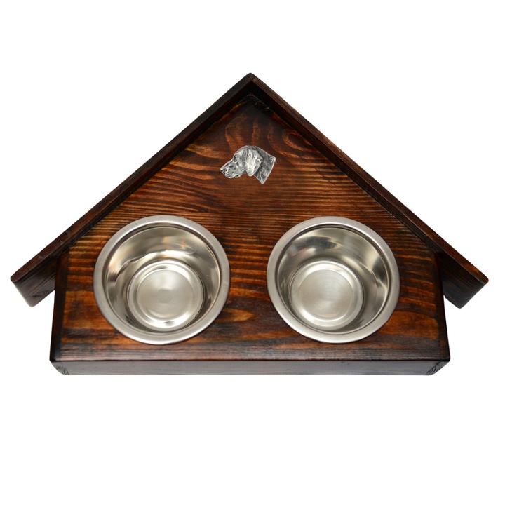 Suport din lemn cu 2 boluri pentru caini, design casa, Art-Dog 75x50x14cm, boluri din otel inoxidabil, dimensiune L