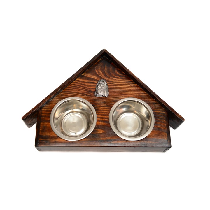 Suport pentru caini cu 2 boluri, Art-Dog, din lemn, cu sculptura decorativa, dimensiuni 75x50x14 cm, boluri din otel inoxidabil, marime L