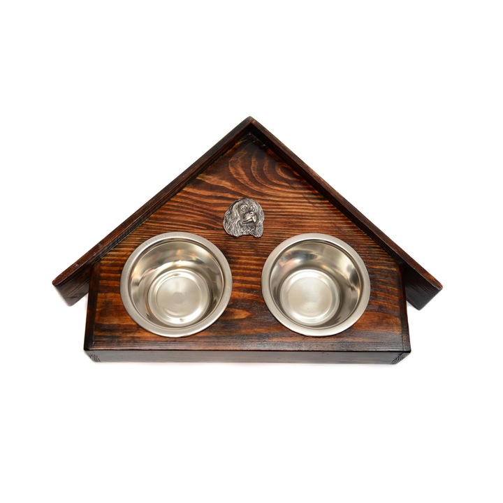 Suport din lemn pentru doua boluri pentru caini, Art-Dog cu sculptura decorativa, 75x50x14cm, boluri din otel inoxidabil, dimensiune L