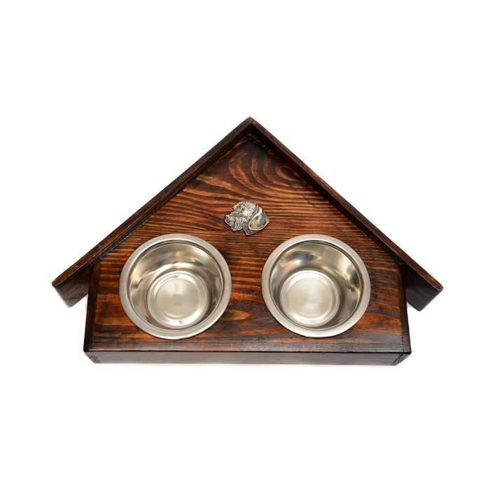 Fa állvány 2 tállal kutyáknak, Art-Dog, ház kialakítása, méretei 75x50x14 cm, rozsdamentes acél tálak