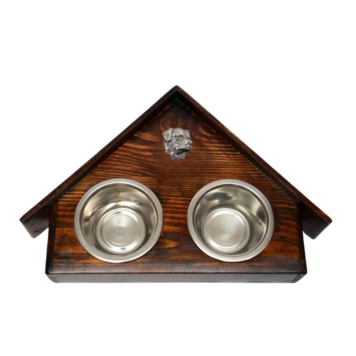 Suport din lemn cu 2 boluri pentru caini, Art-Dog design casuta, inox, dimensiuni 75x50x14 cm, 2x2,8 litri