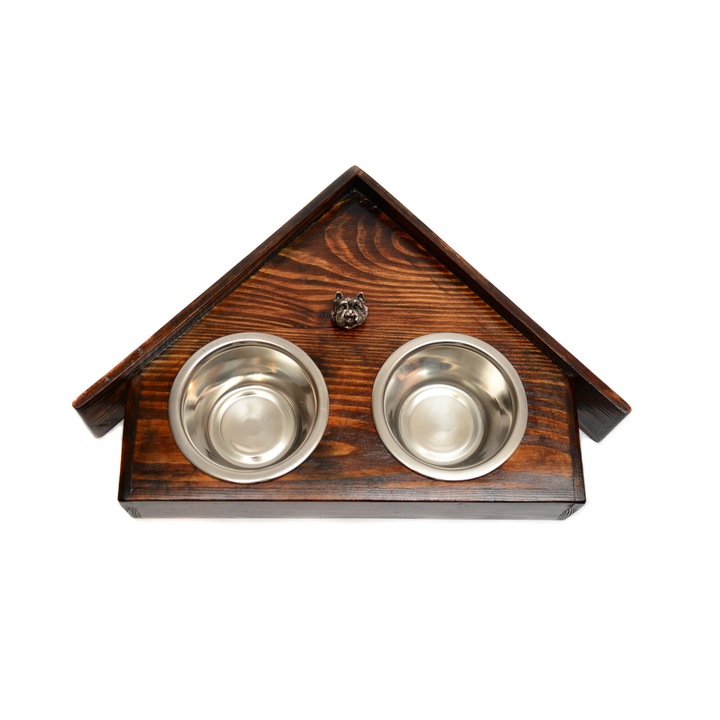 Suport din lemn cu 2 boluri pentru caini, Art-Dog, design casuta, dimensiuni 75x50x14 cm, boluri din otel inoxidabil