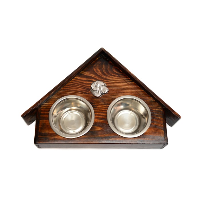 Suport din lemn cu 2 boluri pentru caini, Art-Dog, design casuta, inox, dimensiuni 75x50x14 cm